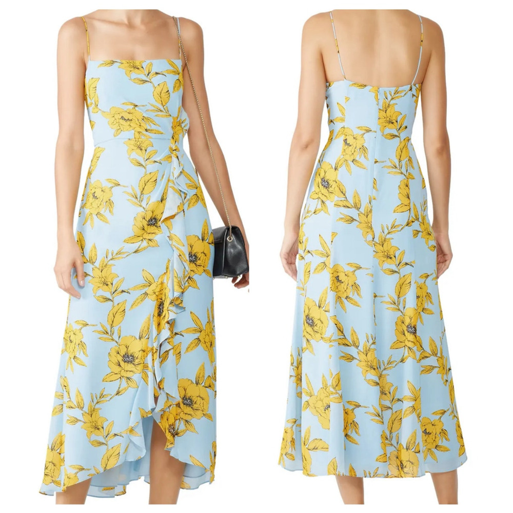 Jay Godfrey Rita Slip Dress 4 Blue Yellow Floral Ruffle Midi Feminine Cocktail